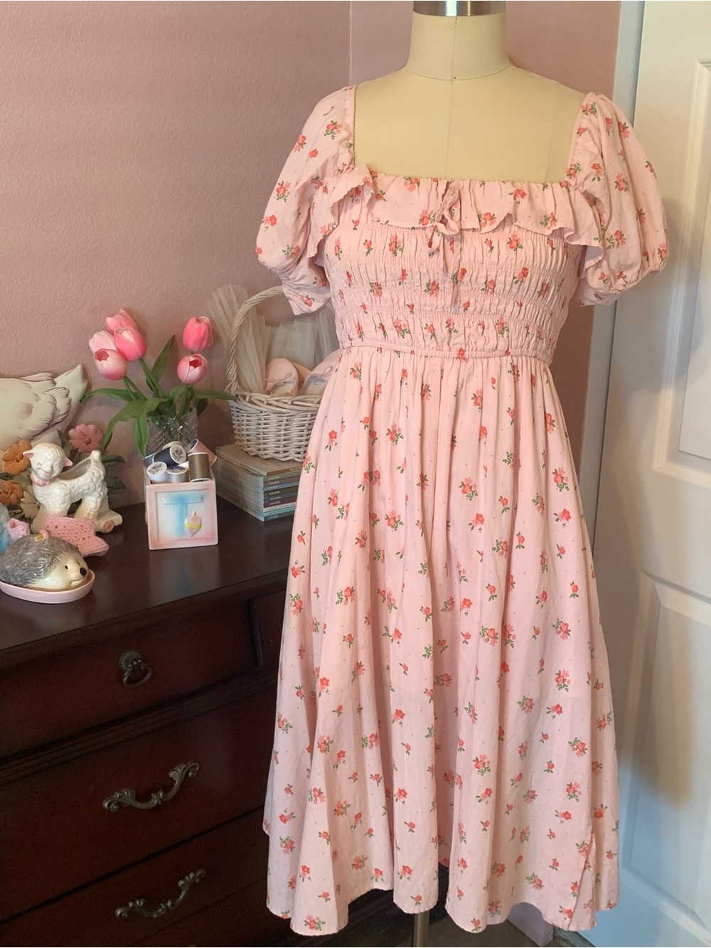 R. VIVIMOS Women's Pink Floral Smocked Bodice Dress